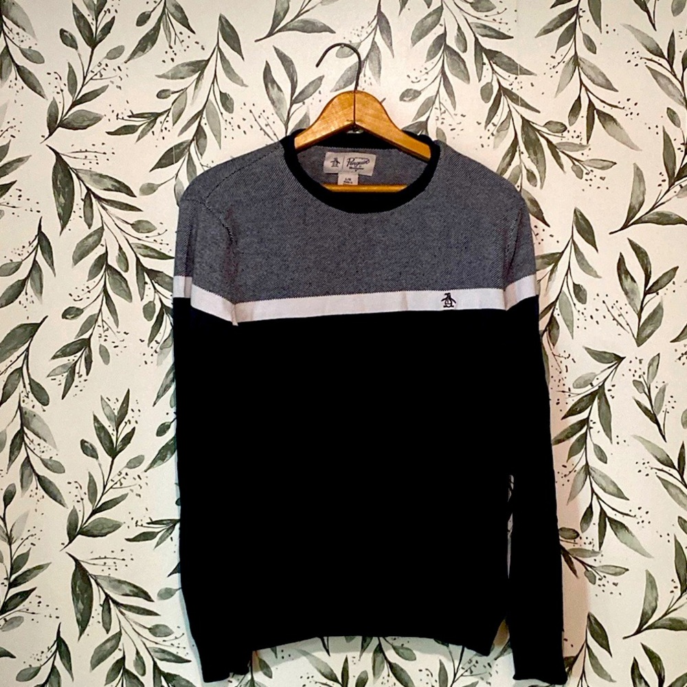 Selling my large red, grey, and black Penguin crew neck sweater; it doesn’t fit!